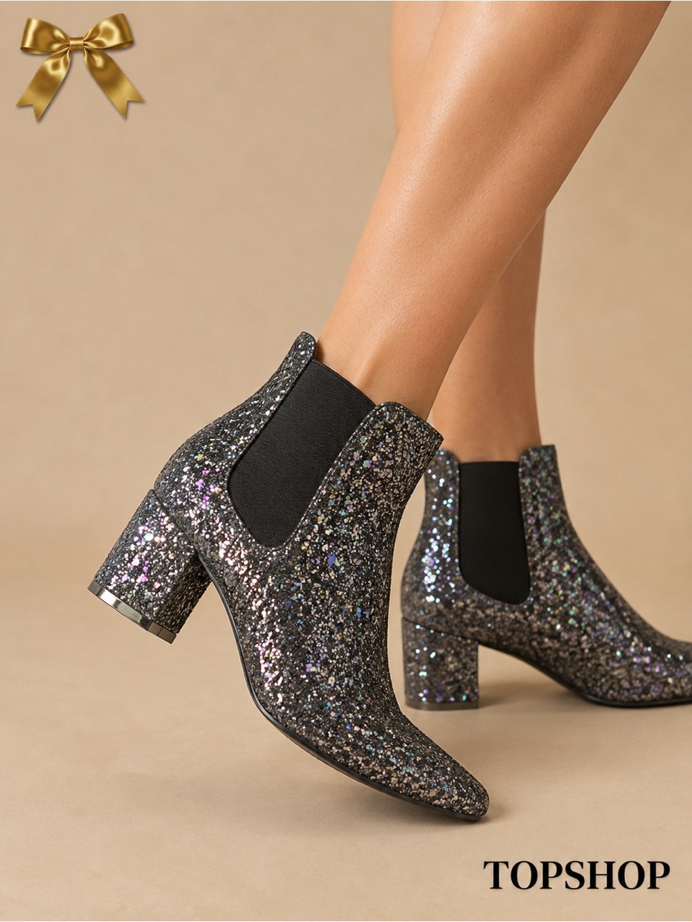 Topshop Glitter Chelsea Ankle Booties Pointed Toe Block Heel Size 6